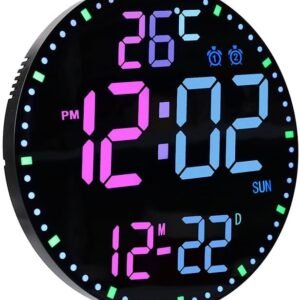 ساعة حائط ديجتال رقمية LED 12 لون متغير، منبه مزدوج، عرض التاريخ/الحرارة/الأسبوع