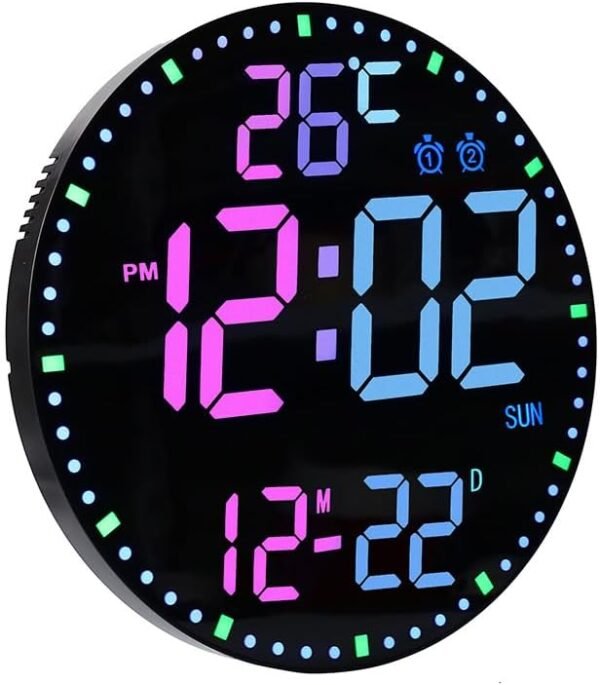 ساعة حائط ديجتال رقمية LED 12 لون متغير، منبه مزدوج، عرض التاريخ/الحرارة/الأسبوع