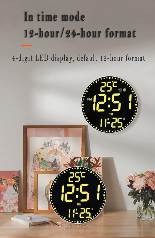 ⁦ساعة حائط ديجتال رقمية LED 12 لون متغير، منبه مزدوج، عرض التاريخ/الحرارة/الأسبوع⁩ - الصورة ⁦9⁩