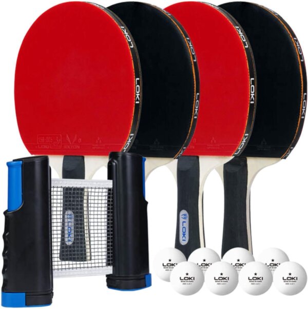 طقم تنس طاولة قابل للحمل مع شبك قابل للتمدد - 4 مضارب - 6 كرات