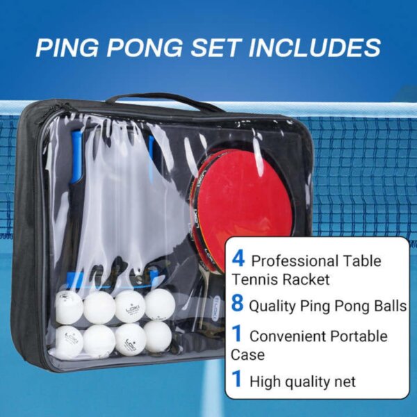 طقم تنس طاولة قابل للحمل مع شبك قابل للتمدد - 4 مضارب - 6 كرات