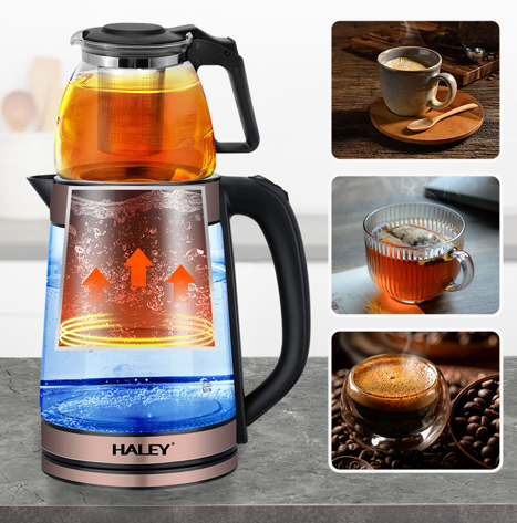كتيل ماء هيتر زجاجي مع إبريق شاي مدمج بسعة 2.0 لتر