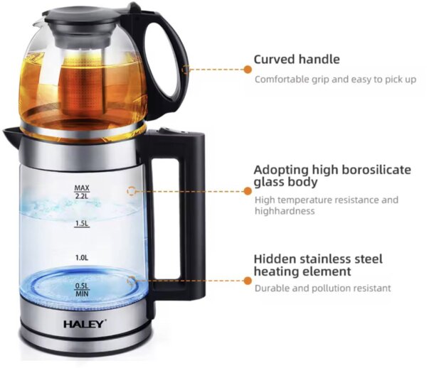 كتيل كهرباء مع إبريق شاي ستانلس ستيل 2 في 1 بسعة 2.2 لتر بقوة 2000 واط