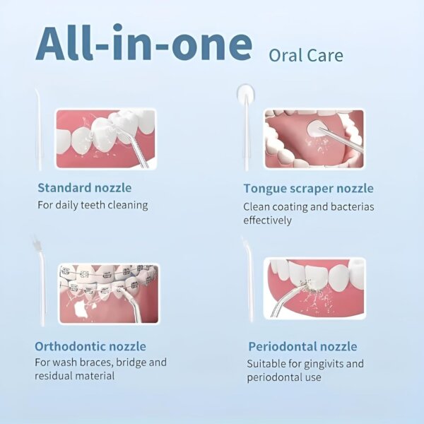 مضخة تنظيف الأسنان بالماء المحمول سعة 380 مل قابل للشحن مزوّد بـ 4 رؤوس