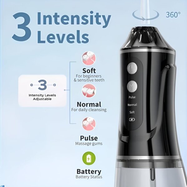 مضخة تنظيف الأسنان بالماء المحمول سعة 380 مل قابل للشحن مزوّد بـ 4 رؤوس