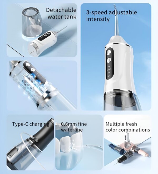 مضخة تنظيف الأسنان بالماء المحمول سعة 380 مل قابل للشحن مزوّد بـ 4 رؤوس