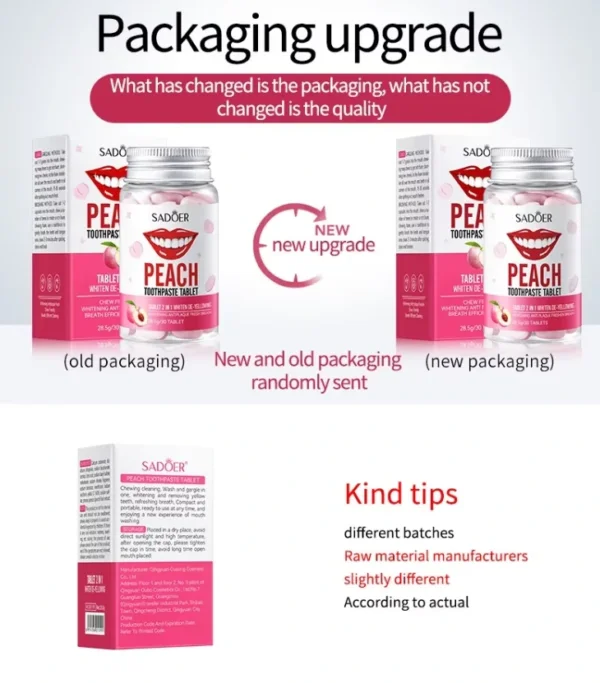 أقراص بديل معجون الأسنان تنظيف، تبييض فوري، وإزالة البقع الصفراء Peach