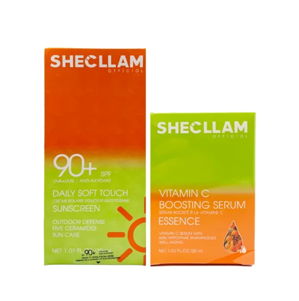 بكج SHECLLAM اليومي الفاخر – سيروم فيتامين C + واقي شمس SPF90+ للعناية والإشراقة والحماية