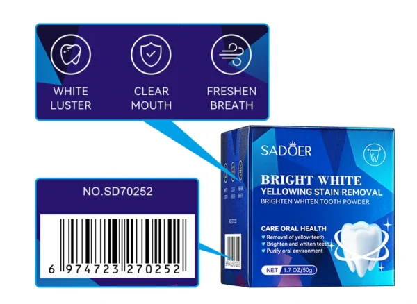 بودرة تبييض الاسنان SADOER Bright White لإزالة الاصفرار والبقع والجير