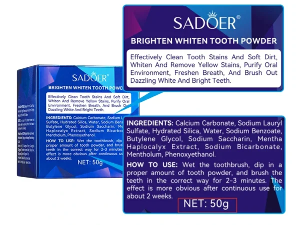 بودرة تبييض الاسنان SADOER Bright White لإزالة الاصفرار والبقع والجير