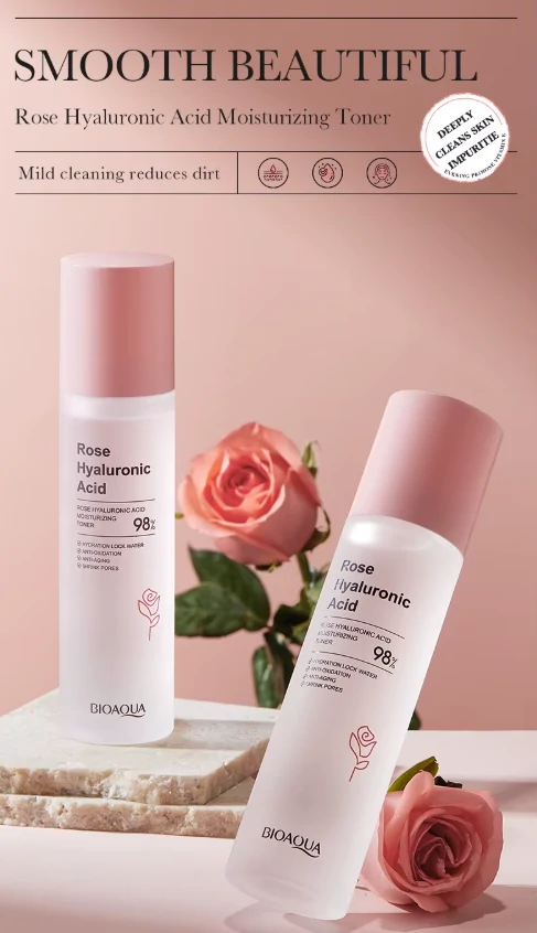 تونر الورد وحمض الهيالورونيك - ترطيب، تهدئة، وتنقية المسام Rose Hyaluronic Acid Toner (7) بكج 5 قطع الورد وحمض الهيالورونيك (تونر + لوشن + كريم العين + سيروم + غسول) Rose Hyaluronic