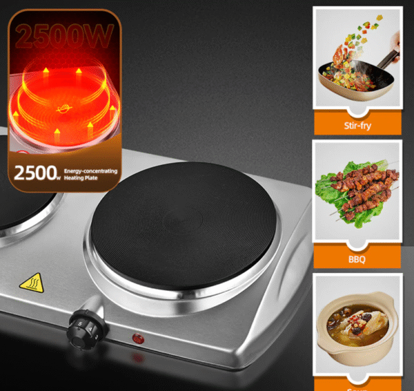 غاز كهربائي مزدوج للطهي بقوة 2500 واط سطح ستانلس ستيل مقاوم للصدأ