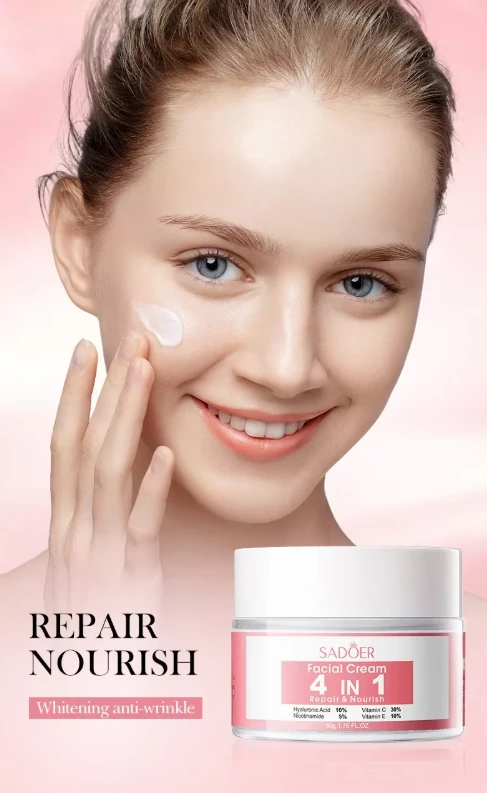 كريم ترطيب والخطوط الرفيعة والمسام 4×1 فيتامين ونياسيناميد وهيالورونيك SADOER Facial Cream