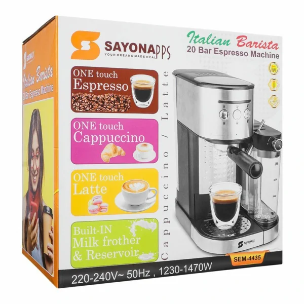 ماكينة الإسبريسو Sayona بقوة 20 بار سعة ماء كبير 1.2 لتر - تسخين سريع