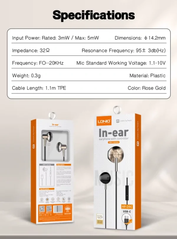 سماعة سلكية داخل الأذن Type C مع مايكروفون عالي الدقة – LDNIO HP-09C