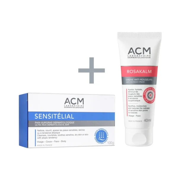 بكج ACM كريم + صابون : علاج وتهدئة الاحمرار للبشرة الحساسة  والوردية – صناعة فرنسية