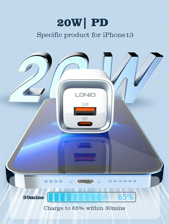 شاحن LDNIO منزلي سريع 20W PD + QC3.0 بمنفذين A2318C
