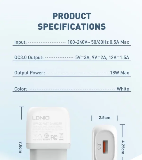 شاحن LDNIO منزلي سريع QC3.0 بقدرة 18W مع منفذ USB واحد (US / EU Plug)