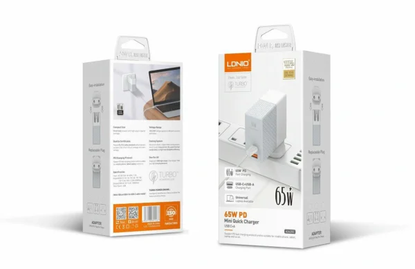 شاحن Super Fast 65W مع منفذي USB-A + USB-C – (قابس قابل للتبديل) LDNIO