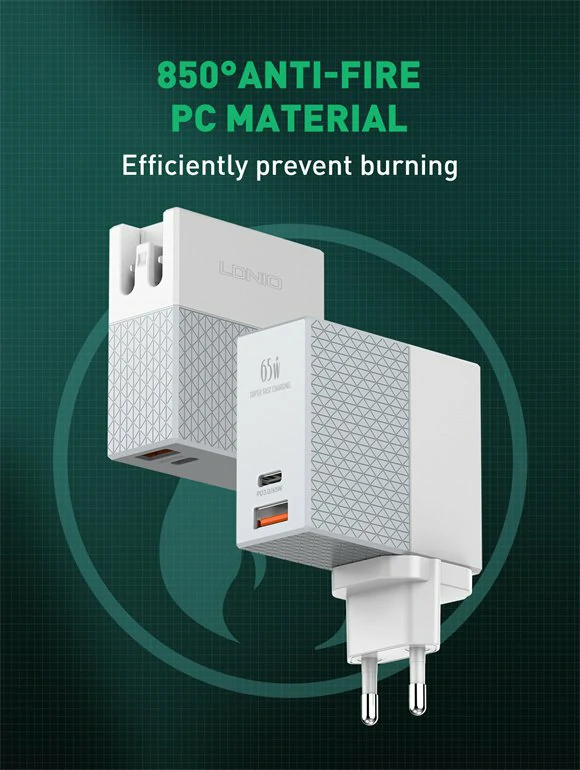 شاحن Super Fast 65W مع منفذي USB-A + USB-C – (قابس قابل للتبديل) LDNIO