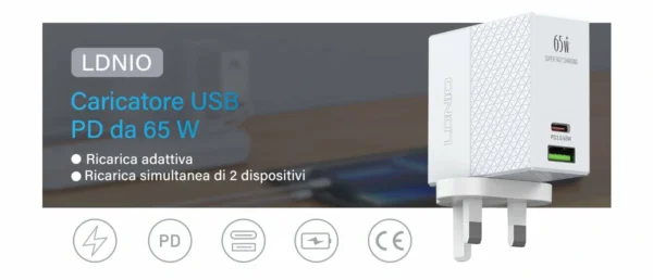 شاحن Super Fast 65W مع منفذي USB-A + USB-C – (قابس قابل للتبديل) LDNIO