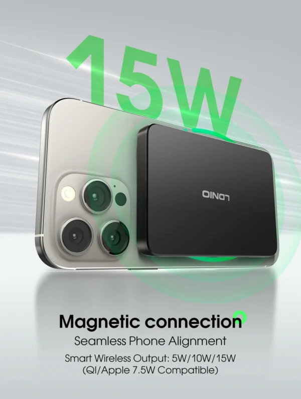شاحن مغناطيسي لاسلكي سريع 15W بسعة 5000mAh خفيف الوزن ماركة LDNIO (3) شاحن مغناطيسي لاسلكي سريع 15W بسعة 5000mAh خفيف الوزن ماركة LDNIO