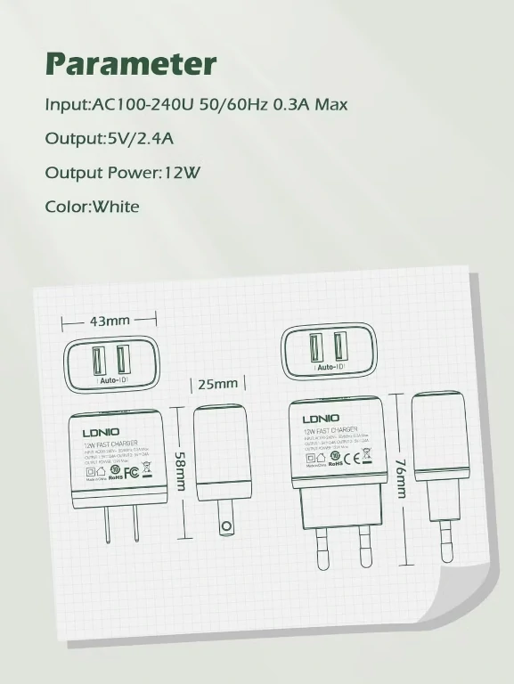 شاحن 12W مع دعم الشحن السريع وتوافق US / EU ماركة LDNIO A2221