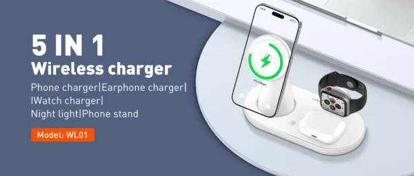 قاعدة شحن مكتبية لاسلكية 5×1 مع إضاءة ليلية ماركة LDNIO WL01 (4) قاعدة شحن مكتبية لاسلكية 5×1 مع إضاءة ليلية ماركة LDNIO WL01