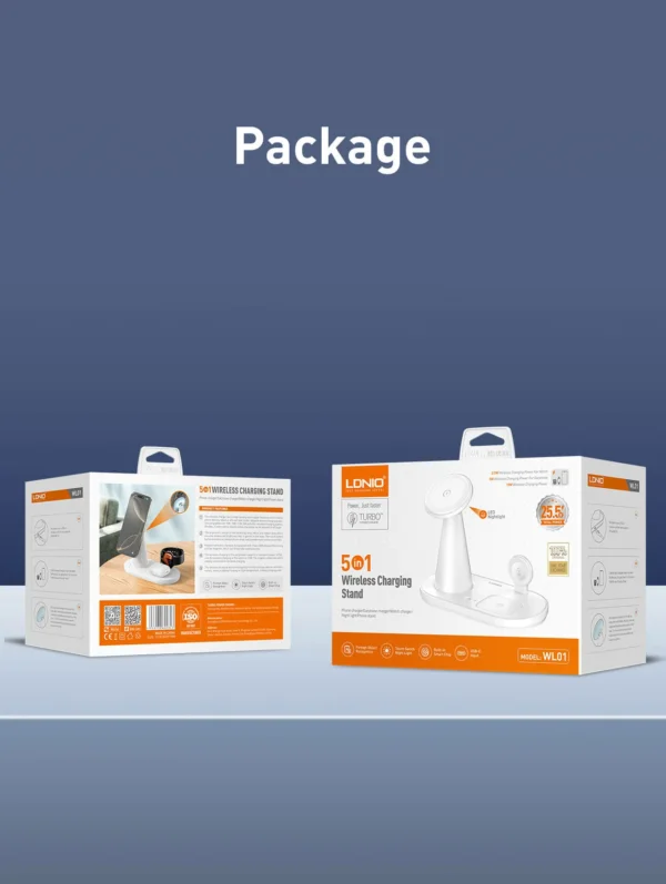 قاعدة شحن مكتبية لاسلكية 5×1 مع إضاءة ليلية ماركة LDNIO WL01 (6) قاعدة شحن مكتبية لاسلكية 5×1 مع إضاءة ليلية ماركة LDNIO WL01