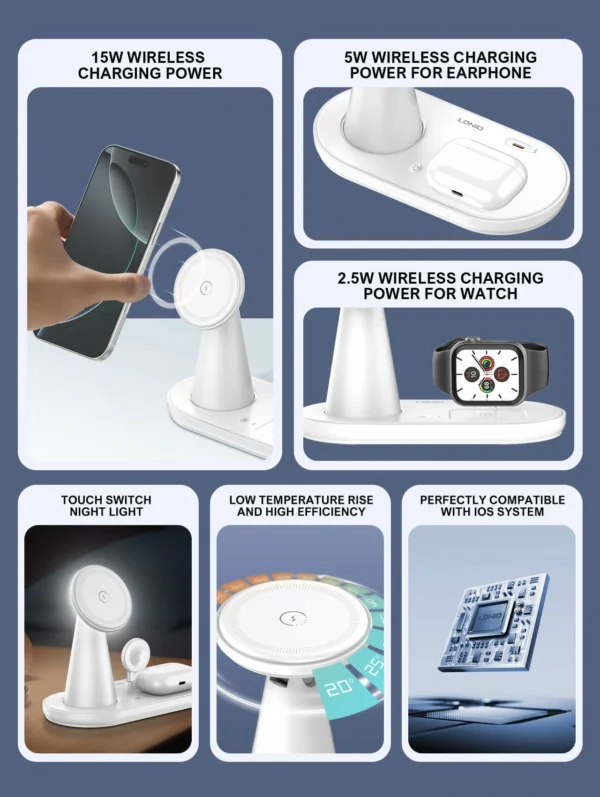 قاعدة شحن مكتبية لاسلكية 5×1 مع إضاءة ليلية ماركة LDNIO WL01 (9) قاعدة شحن مكتبية لاسلكية 5×1 مع إضاءة ليلية ماركة LDNIO WL01