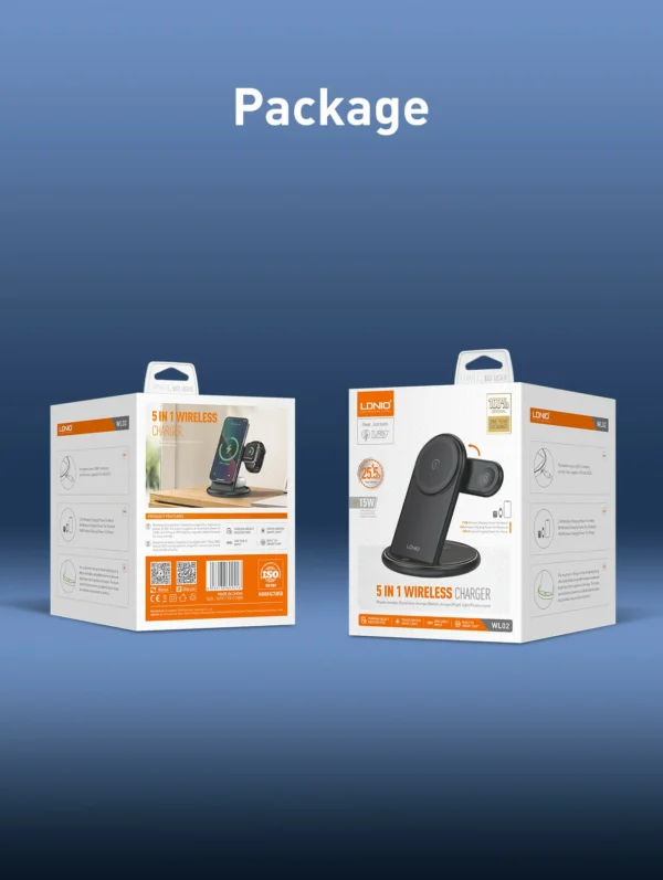 قاعدة شحن مكتبية لاسلكية 5×1 مع ستاند مغناطيسي وإضاءة ليلية ماركة LDNIO WL02