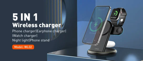 قاعدة شحن مكتبية لاسلكية 5×1 مع ستاند مغناطيسي وإضاءة ليلية ماركة LDNIO WL02