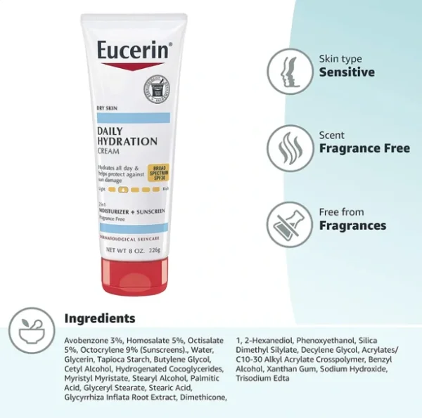كريم (مرطب + واقي شمس) Eucerin Daily Hydration للبشرة الحساسة الجافة والمختلطة