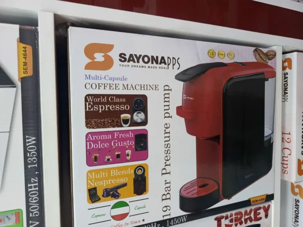 ماكينة قهوة SAYONA متعددة الكبسولات – ضغط 19 بار وقوة 1450 واط
