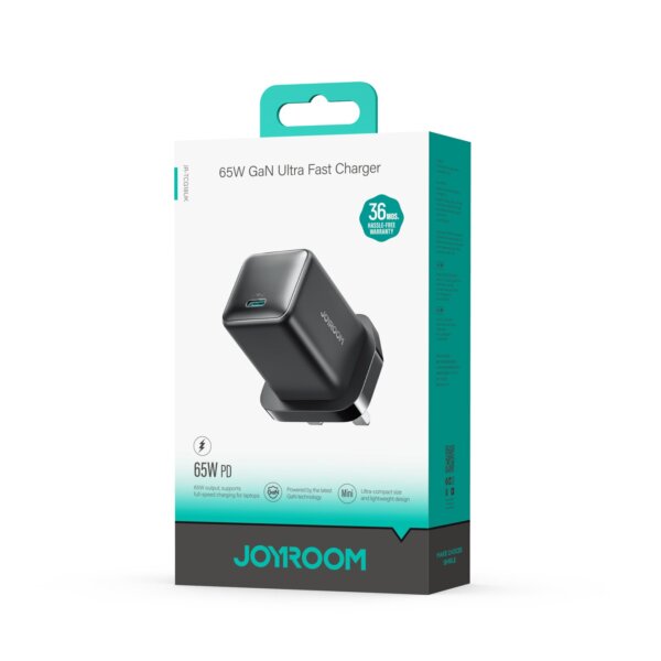 شاحن JR-TCG18 65W PD سريع بمنفذ USB-C مع توصيل طاقة GaN – أسود