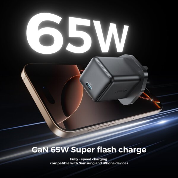 شاحن JR-TCG18 65W PD سريع بمنفذ USB-C مع توصيل طاقة GaN – أسود