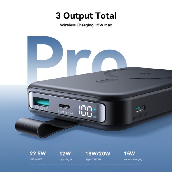 بطارية شحن JR-PBM11 بقدرة 10000mAh مع شحن لاسلكي بقوة 22.5W وكاميرا خلفية - أسود