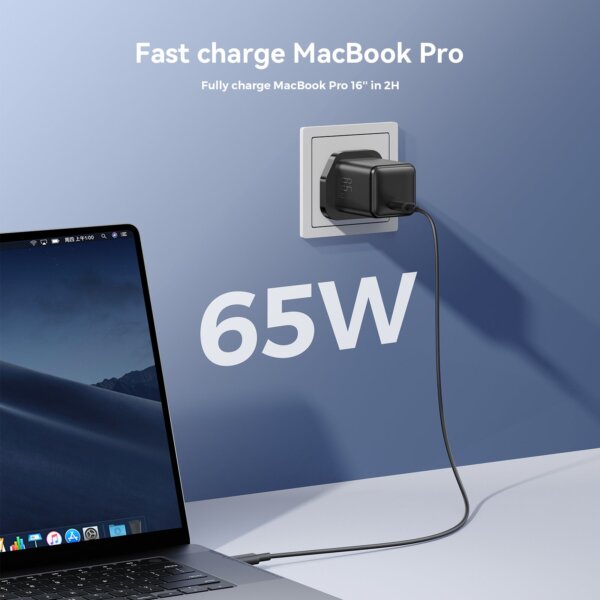 شاحن JR-TCG18 65W PD سريع بمنفذ USB-C مع توصيل طاقة GaN – أسود