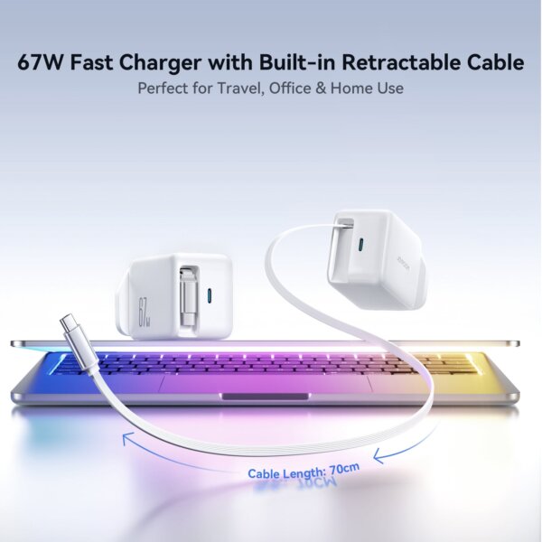 شاحن JR-TCL06 بقوة 67W مع كابل قابل للسحب وموصل طاقة USB-C مزدوج – أبيض (مقبس أوروبي)