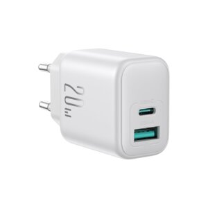 شاحن JR-TCF21 ثنائي المنفذ 20 واط مع منفذ USB-C وUSB-A – أبيض