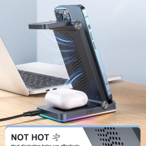 شاحن لاسلكي ثلاثي الاستخدام JR-WQN01 بقدرة 15 واط – أسود