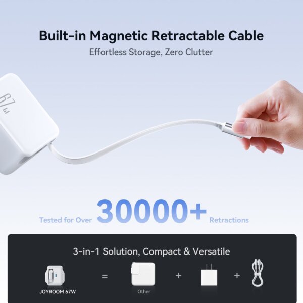 شاحن JR-TCL06 بقوة 67W مع كابل قابل للسحب وموصل طاقة USB-C مزدوج – أبيض (مقبس أوروبي)