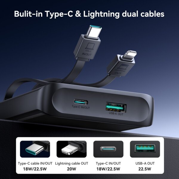 شاحن بطارية JR-PBF19 بقوة 22.5 واط مع كابلين مزدوجين وسعة 10000 مللي أمبير - أسود