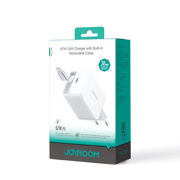 شاحن JR-TCL06 بقوة 67W مع كابل قابل للسحب وموصل طاقة USB-C مزدوج – أبيض (مقبس أوروبي)