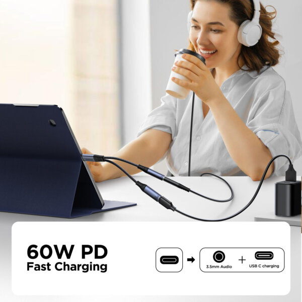 محول صوتي SY-C02 من iJoyRoom - USB-C إلى 3.5mm مع شحن سريع 60 واط - أسود