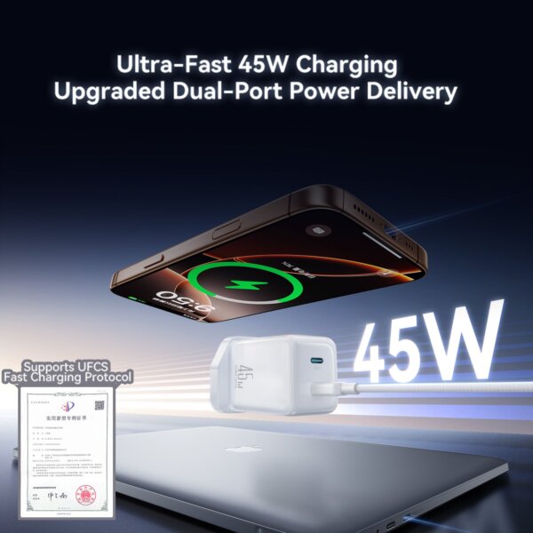 شاحن JR-TCL05 بقدرة 45 واط مع إدارة الكابلات بتقنية GaN - أبيض (UK)