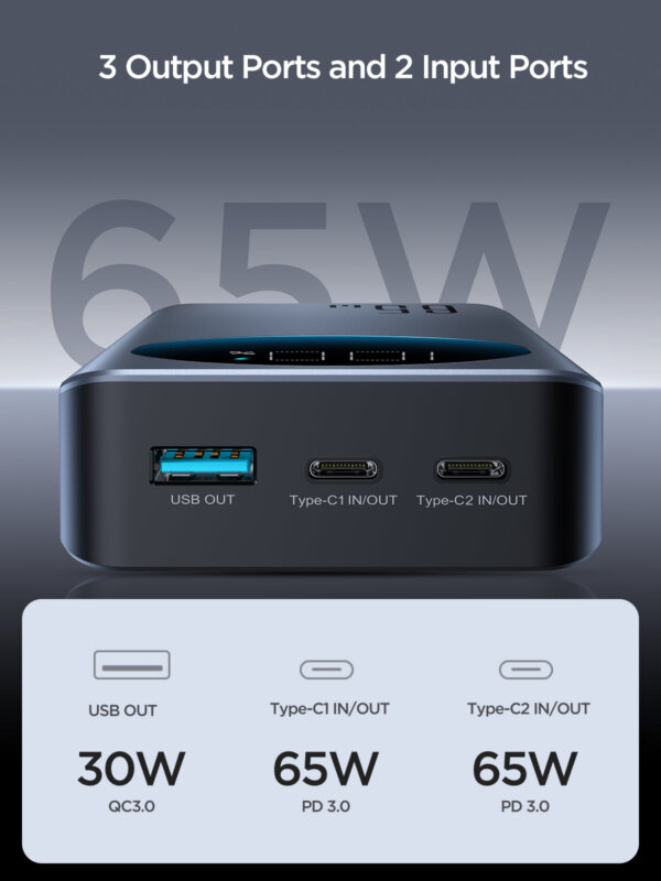 شاحن بورتابل 30W بقوة 30000mAh مع كابل USB إلى Type-C - أسود