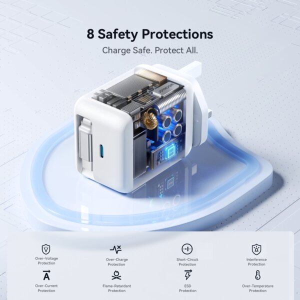 شاحن JR-TCL06 بقوة 67W مع كابل قابل للسحب وموصل طاقة USB-C مزدوج – أبيض (مقبس أوروبي)