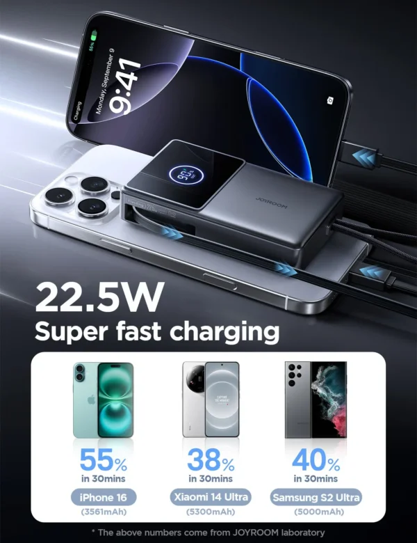 باور بانك JR-PR1 بسعة 10000mAh مع كابل ممتد 70 سم - أسود