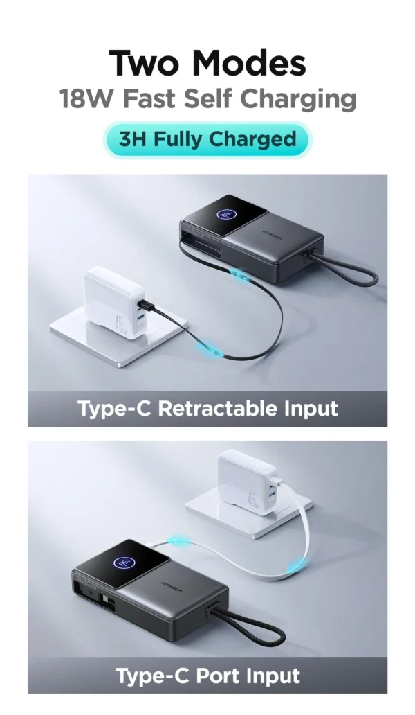 باور بانك JR-PR1 بسعة 10000mAh مع كابل ممتد 70 سم - أسود